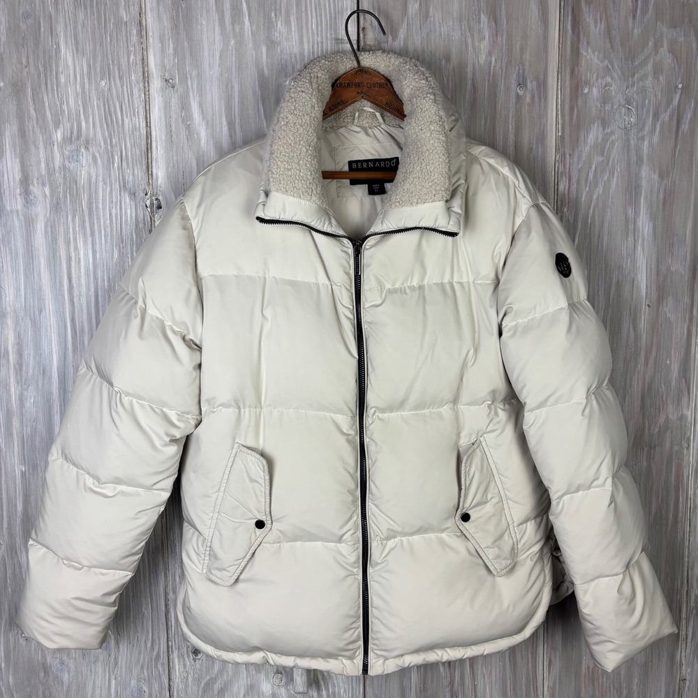 Bernardo Down Puffer Coat Sherpa Collar Full Zip Quilted Jacket XS Cream White